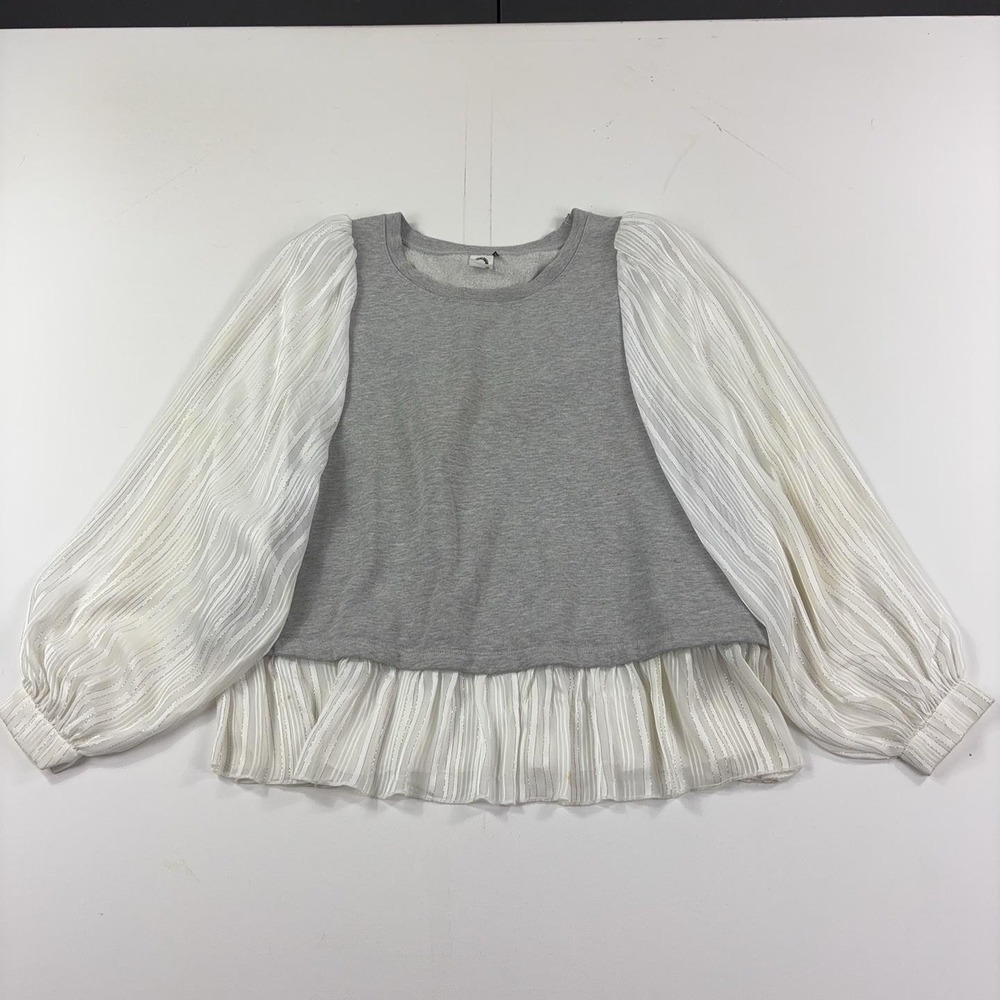 Akemi + Kin Blouse Womens XL Gray Striped Balloon Sleeve Ruffle Hem Sheer